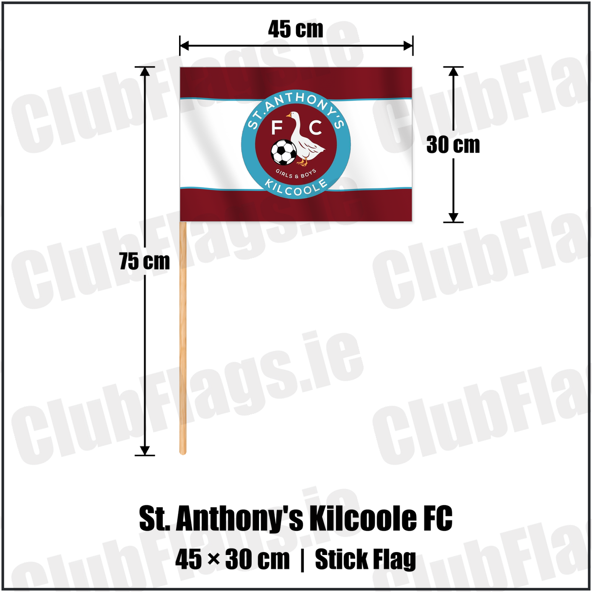 St. Anthony's Kilcoole FC 30cm x 45cm Stick Flag with the club crest and colours, Wicklow Football - ClubFlags.ie