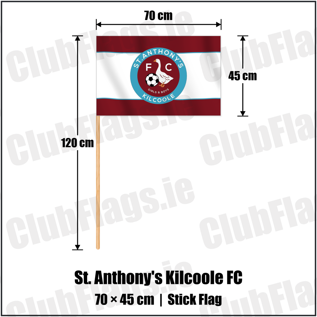 St. Anthony's Kilcoole FC 45cm x 70cm Stick Flag with the club crest and colours, Wicklow Football - ClubFlags.ie
