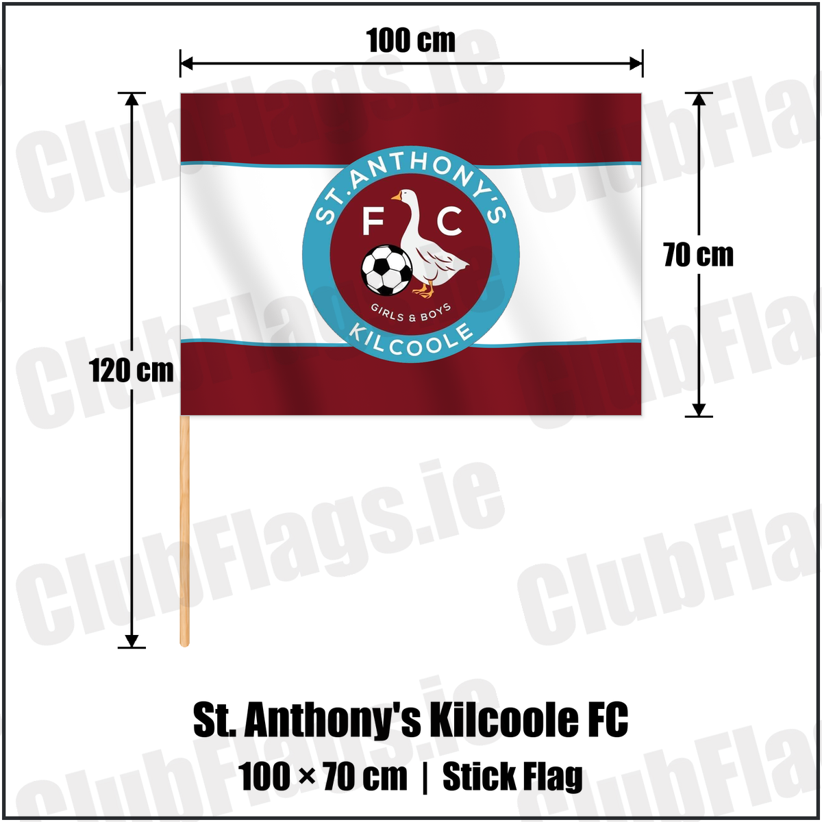 St. Anthony's Kilcoole FC 70cm x 100cm Stick Flag with the club crest and colours, Wicklow Football - ClubFlags.ie