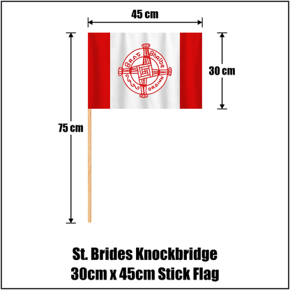 St. Brides Knockbridge 30cm x 45cm Stick Flag, featuring the club crest and red and white colours; County Louth GAA. ClubFlags.ie.