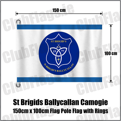 St Brigids Ballycallan Camogie 150cm x 100cm Flag Pole Flag with Rings, featuring the club crest and blue and white colours; County Kilkenny camogie. ClubFlags.ie.