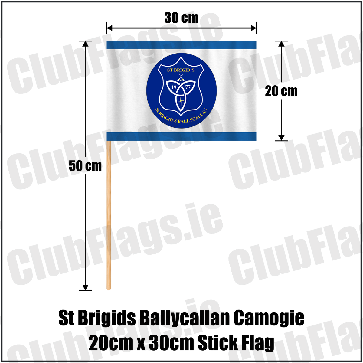 St Brigids Ballycallan Camogie 20cm x 30cm Stick Flag, featuring the club crest and blue and white colours; County Kilkenny camogie. ClubFlags.ie.