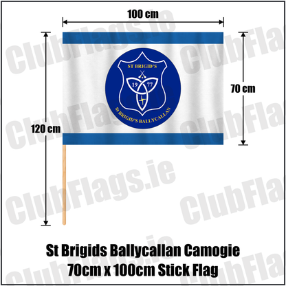 St Brigids Ballycallan Camogie 70cm x 100cm Stick Flag, featuring the club crest and blue and white colours; County Kilkenny camogie. ClubFlags.ie.
