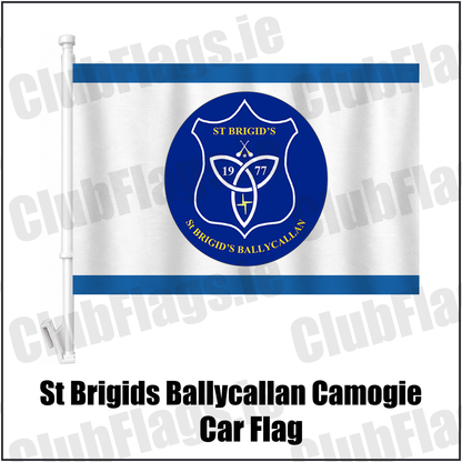 St Brigids Ballycallan Camogie Car Flag, featuring the club crest and blue and white colours; County Kilkenny camogie. ClubFlags.ie.