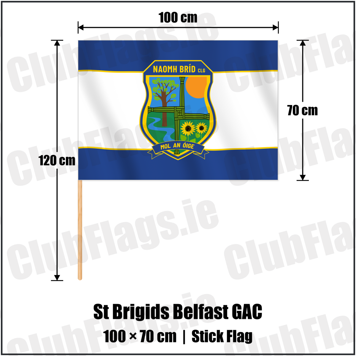 St Brigids Belfast GAC 70cm x 100cm Stick Flag with the club crest and colours, Antrim GAA - ClubFlags.ie