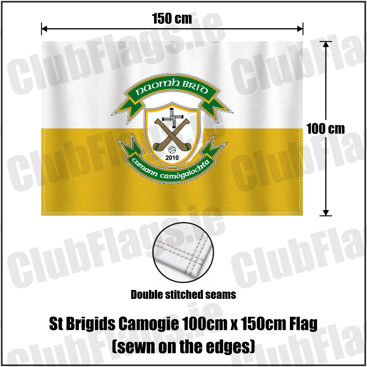 St Brigids Camogie 100cm x 150cm Flag (sewn on the edges), featuring the club crest and gold and white colours; County Westmeath camogie. ClubFlags.ie.