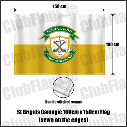 St Brigids Camogie 100cm x 150cm Flag (sewn on the edges), featuring the club crest and gold and white colours; County Westmeath camogie. ClubFlags.ie.