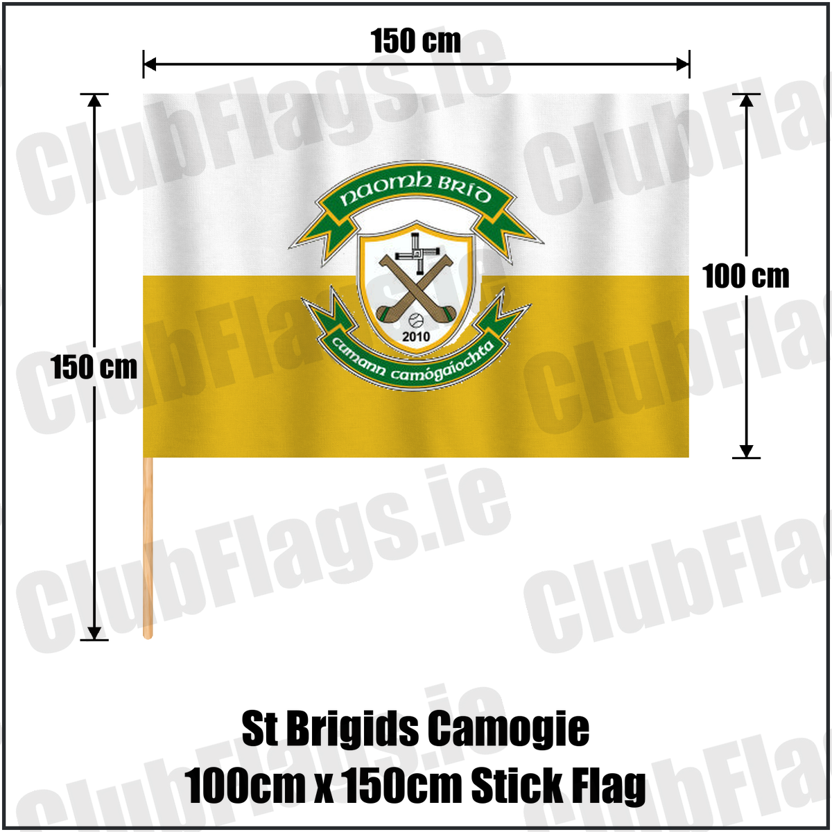St Brigids Camogie 100cm x 150cm Stick Flag, featuring the club crest and gold and white colours; County Westmeath camogie. ClubFlags.ie.