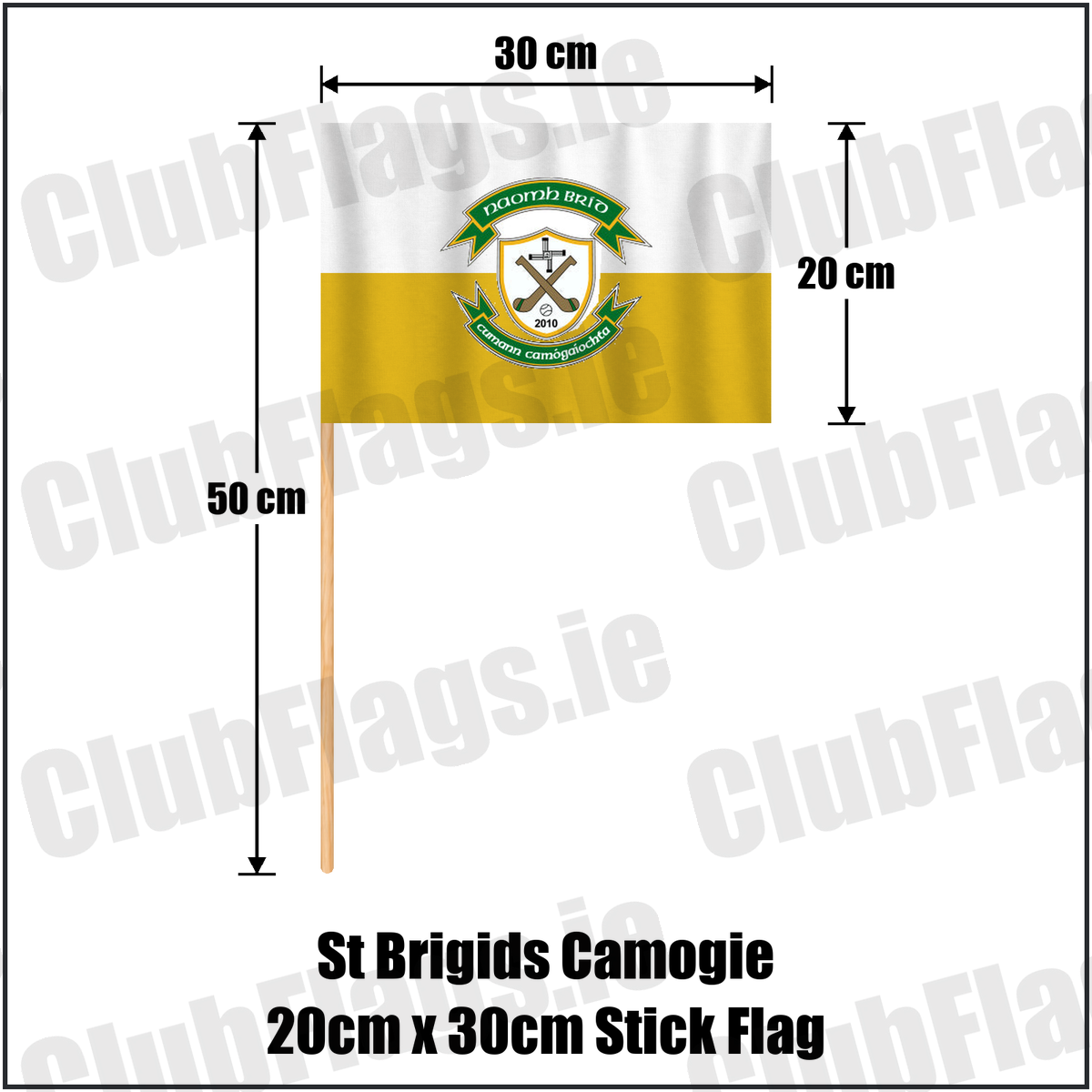 St Brigids Camogie 20cm x 30cm Stick Flag, featuring the club crest and gold and white colours; County Westmeath camogie. ClubFlags.ie.