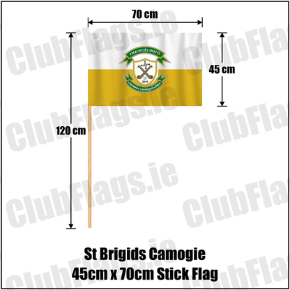 St Brigids Camogie 45cm x 70cm Stick Flag, featuring the club crest and gold and white colours; County Westmeath camogie. ClubFlags.ie.