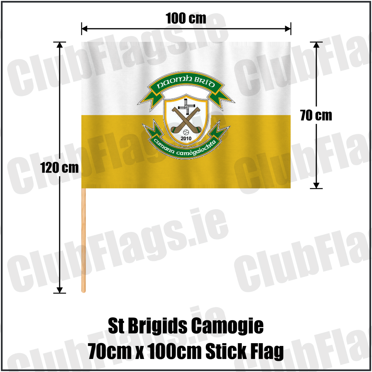 St Brigids Camogie 70cm x 100cm Stick Flag, featuring the club crest and gold and white colours; County Westmeath camogie. ClubFlags.ie.