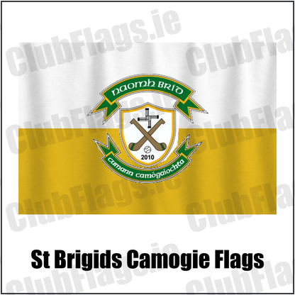 St Brigids Camogie Flags, featuring the club crest and gold and white colours; County Westmeath camogie. ClubFlags.ie.