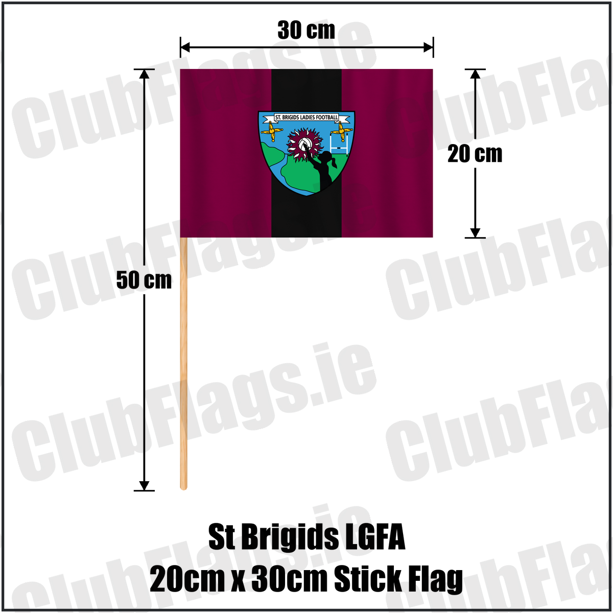 St Brigids LGFA 20cm x 30cm Stick Flag, featuring the club crest and maroon and black colours; County Limerick ladies Gaelic football. ClubFlags.ie.