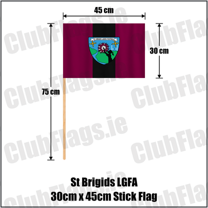 St Brigids LGFA 30cm x 45cm Stick Flag, featuring the club crest and maroon and black colours; County Limerick ladies Gaelic football. ClubFlags.ie.