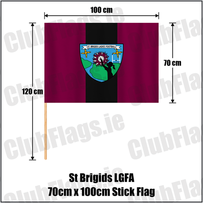 St Brigids LGFA 70cm x 100cm Stick Flag, featuring the club crest and maroon and black colours; County Limerick ladies Gaelic football. ClubFlags.ie.