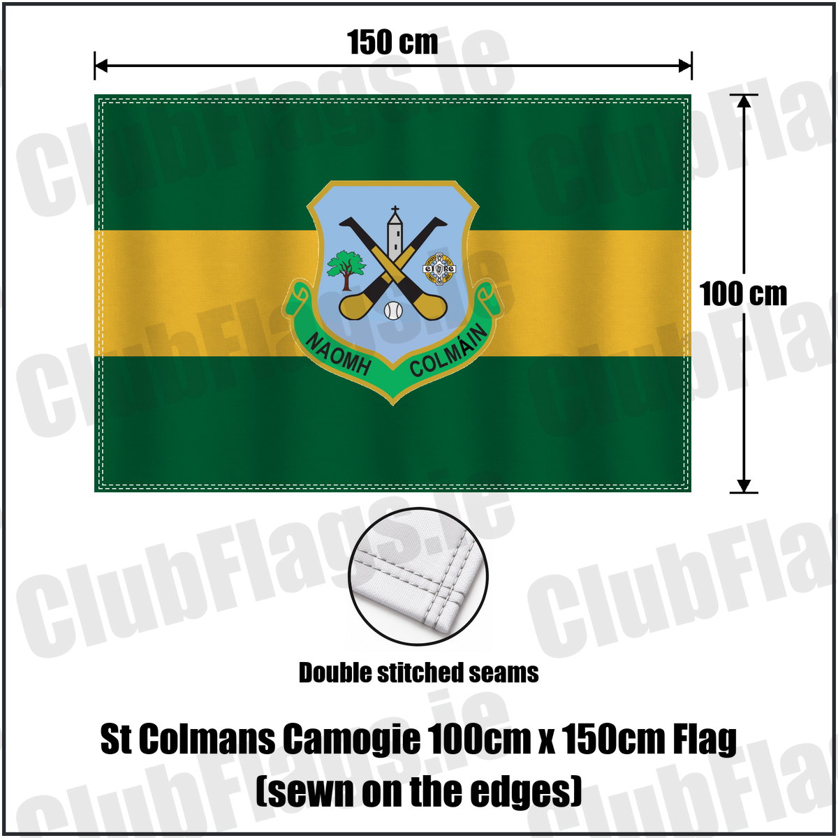 St Colmans Camogie 100cm x 150cm Flag (sewn on the edges), featuring the club crest and green and amber colours; County Galway camogie. ClubFlags.ie.