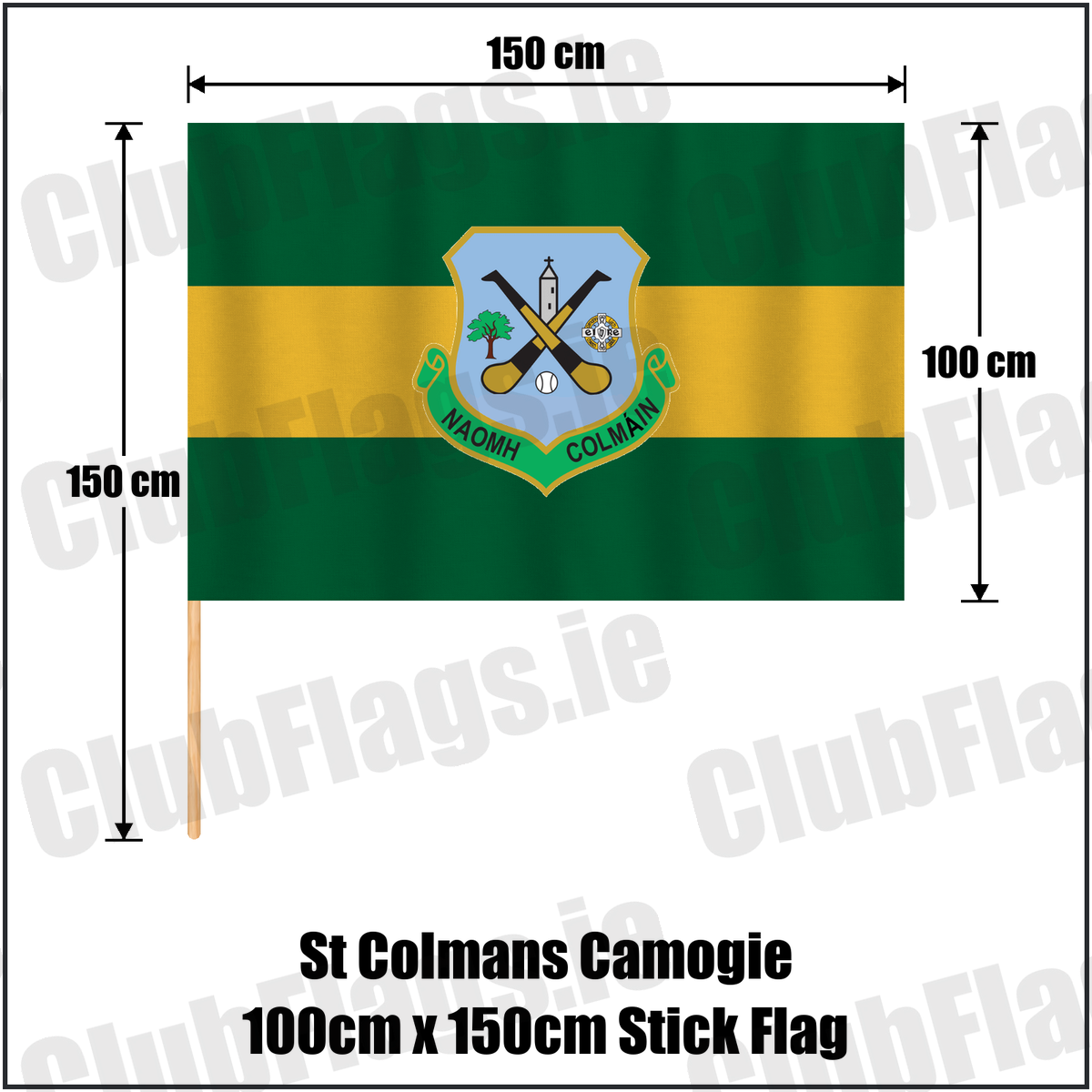St Colmans Camogie 100cm x 150cm Stick Flag, featuring the club crest and green and amber colours; County Galway camogie. ClubFlags.ie.