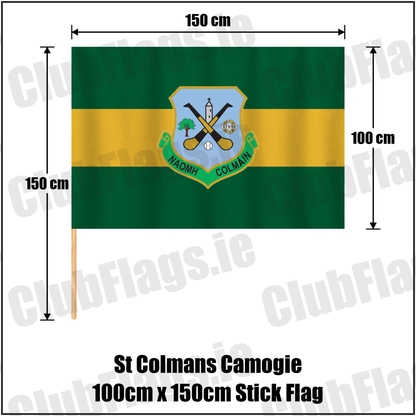 St Colmans Camogie 100cm x 150cm Stick Flag, featuring the club crest and green and amber colours; County Galway camogie. ClubFlags.ie.