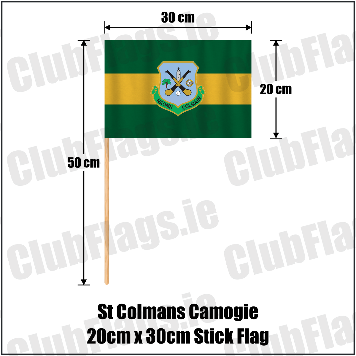 St Colmans Camogie 20cm x 30cm Stick Flag, featuring the club crest and green and amber colours; County Galway camogie. ClubFlags.ie.