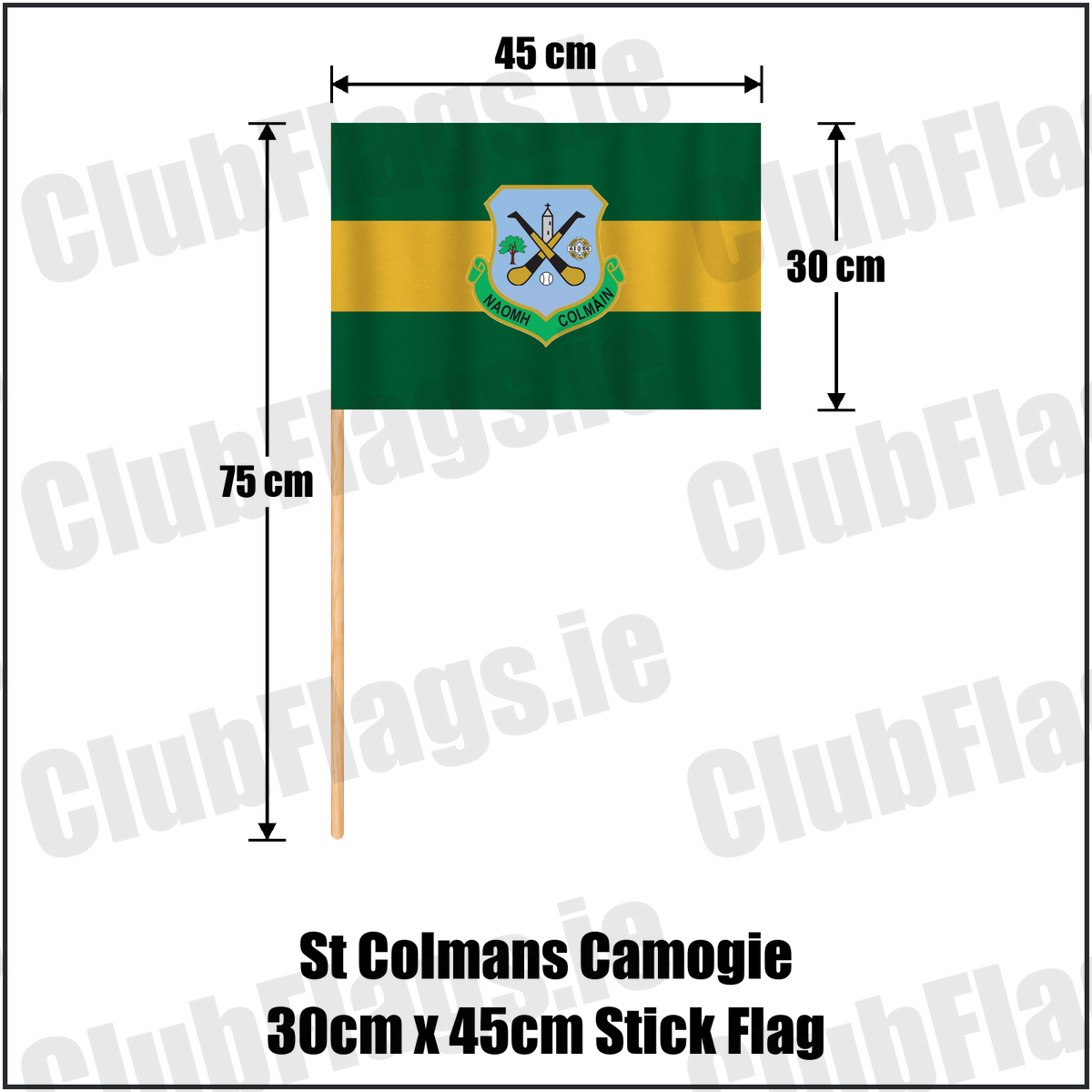 St Colmans Camogie 30cm x 45cm Stick Flag, featuring the club crest and green and amber colours; County Galway camogie. ClubFlags.ie.