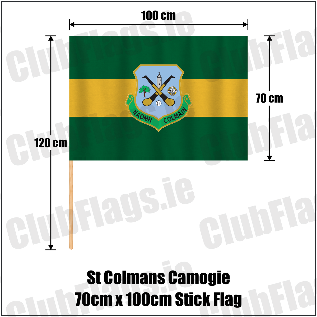 St Colmans Camogie 70cm x 100cm Stick Flag, featuring the club crest and green and amber colours; County Galway camogie. ClubFlags.ie.
