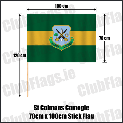St Colmans Camogie 70cm x 100cm Stick Flag, featuring the club crest and green and amber colours; County Galway camogie. ClubFlags.ie.
