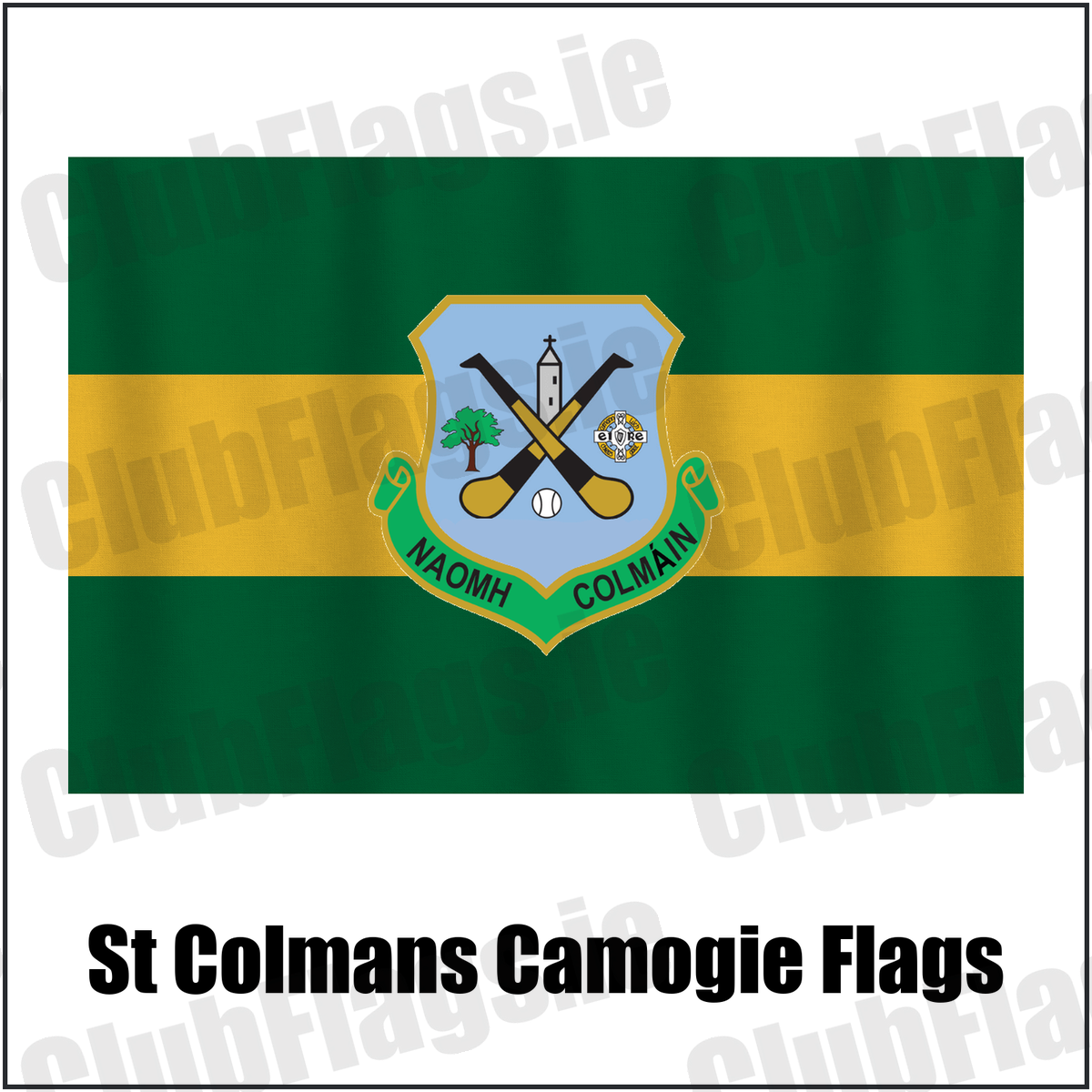 St Colmans Camogie Flags, featuring the club crest and green and amber colours; County Galway camogie. ClubFlags.ie.