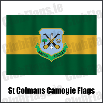 St Colmans Camogie Flags, featuring the club crest and green and amber colours; County Galway camogie. ClubFlags.ie.