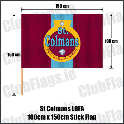 St Colmans LGFA 100cm x 150cm Stick Flag, featuring the club crest and maroon and sky blue colours; ladies Gaelic football club, County Cork. ClubFlags.ie.
