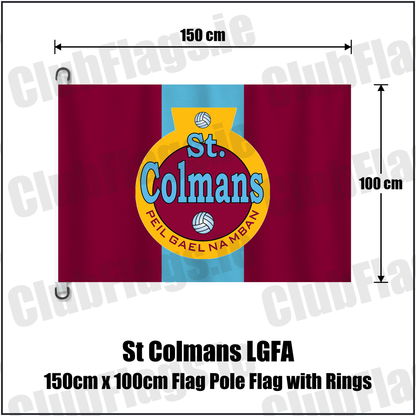 St Colmans LGFA 150cm x 100cm Flag Pole Flag with Rings, featuring the club crest and maroon and sky blue colours; ladies Gaelic football club, County Cork. ClubFlags.ie.