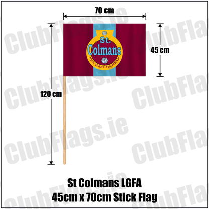 St Colmans LGFA 45cm x 70cm Stick Flag, featuring the club crest and maroon and sky blue colours; ladies Gaelic football club, County Cork. ClubFlags.ie.