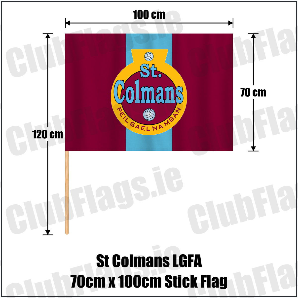 St Colmans LGFA 70cm x 100cm Stick Flag, featuring the club crest and maroon and sky blue colours; ladies Gaelic football club, County Cork. ClubFlags.ie.
