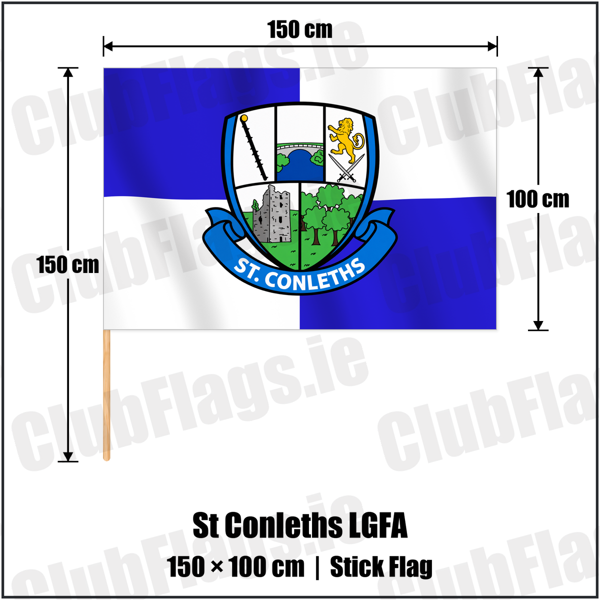 St Conleths LGFA 100cm x 150cm Stick Flag with the club crest and colours, Laois GAA - ClubFlags.ie