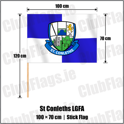 St Conleths LGFA 70cm x 100cm Stick Flag with the club crest and colours, Laois GAA - ClubFlags.ie