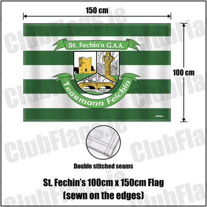 St. Fechin’s 100cm x 150cm Flag (sewn on the edges), featuring the club crest and green and white colours; County Louth GAA. ClubFlags.ie.