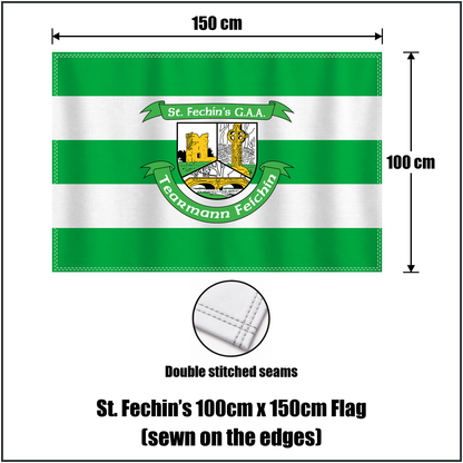 St. Fechin’s 100cm x 150cm Flag (sewn on the edges), featuring the club crest and green and white colours; County Louth GAA. ClubFlags.ie.
