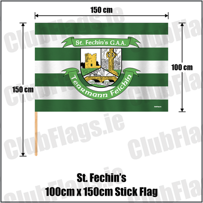 St. Fechin’s 100cm x 150cm Stick Flag, featuring the club crest and green and white colours; County Louth GAA. ClubFlags.ie.