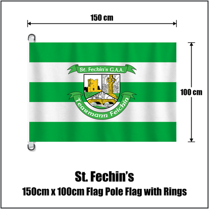 St. Fechin’s 150cm x 100cm Flag Pole Flag with Rings, featuring the club crest and green and white colours; County Louth GAA. ClubFlags.ie.