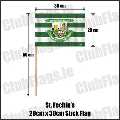 St. Fechin’s 20cm x 30cm Stick Flag, featuring the club crest and green and white colours; County Louth GAA. ClubFlags.ie.