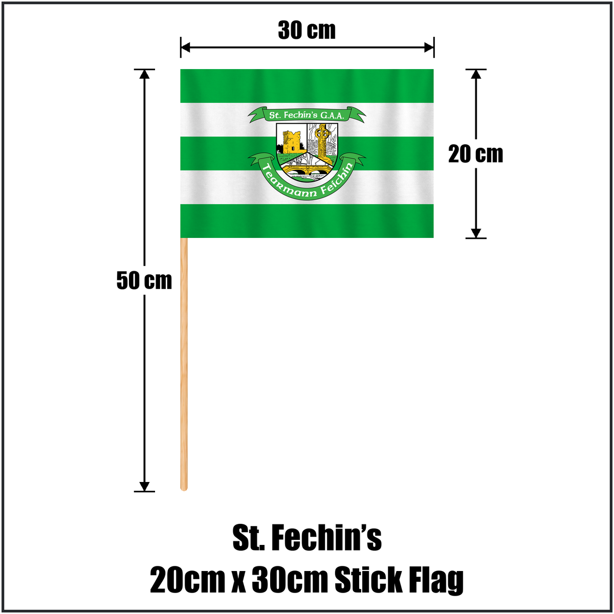 St. Fechin’s 20cm x 30cm Stick Flag, featuring the club crest and green and white colours; County Louth GAA. ClubFlags.ie.