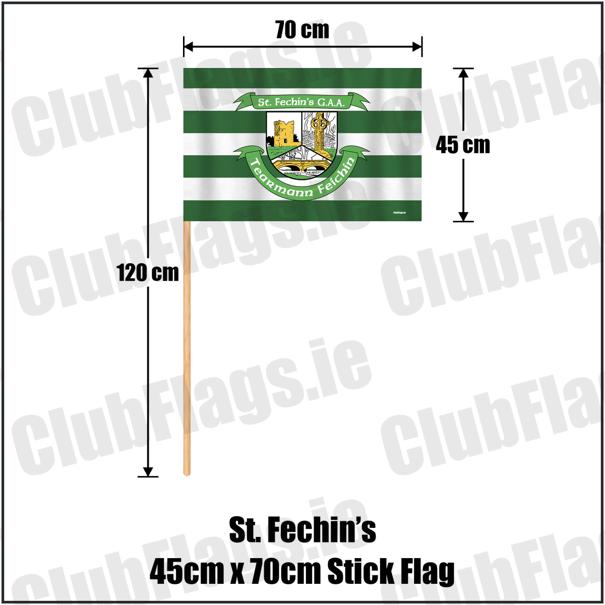 St. Fechin’s 45cm x 70cm Stick Flag, featuring the club crest and green and white colours; County Louth GAA. ClubFlags.ie.