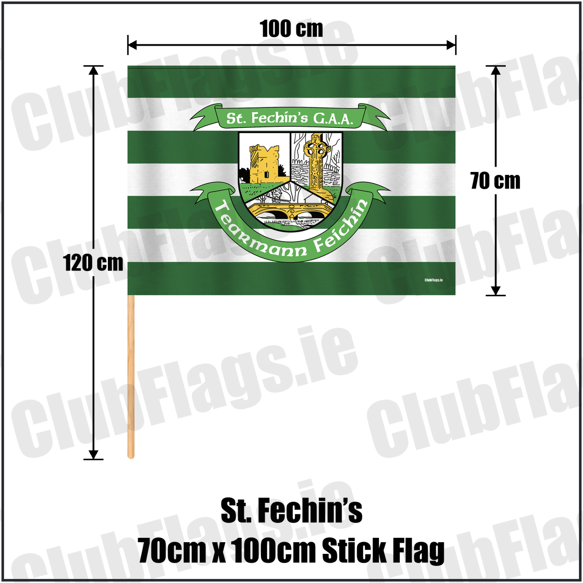 St. Fechin’s 70cm x 100cm Stick Flag, featuring the club crest and green and white colours; County Louth GAA. ClubFlags.ie.