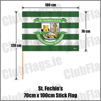 St. Fechin’s 70cm x 100cm Stick Flag, featuring the club crest and green and white colours; County Louth GAA. ClubFlags.ie.