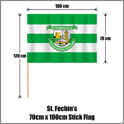 St. Fechin’s 70cm x 100cm Stick Flag, featuring the club crest and green and white colours; County Louth GAA. ClubFlags.ie.