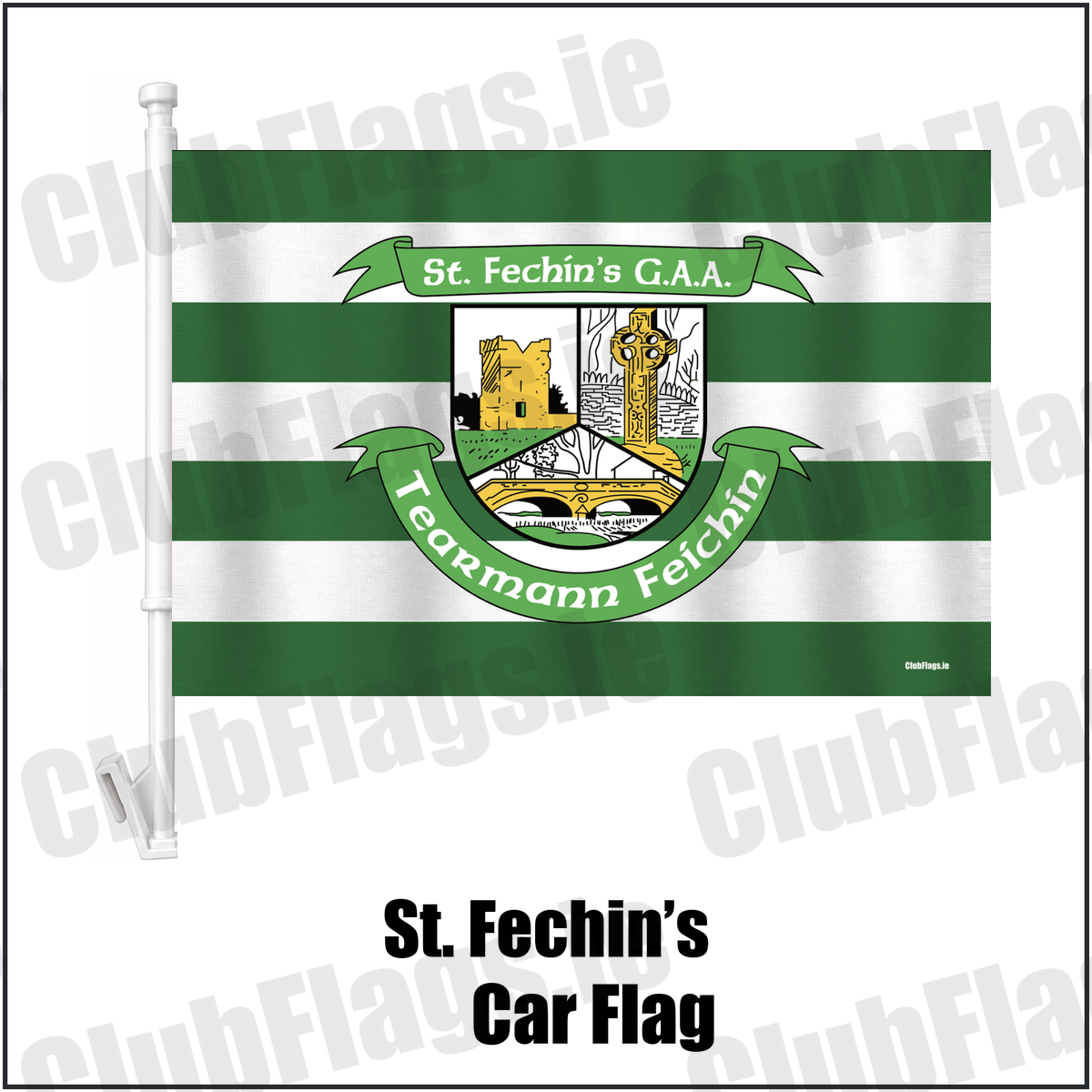 St. Fechin’s Car Flag, featuring the club crest and green and white colours; County Louth GAA. ClubFlags.ie.