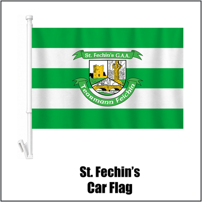 St. Fechin’s Car Flag, featuring the club crest and green and white colours; County Louth GAA. ClubFlags.ie.