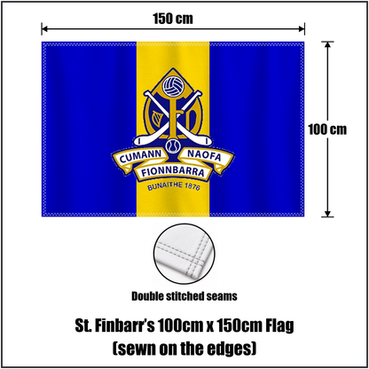 St. Finbarr’s 100cm x 150cm Flag (sewn on the edges), featuring the club crest and royal blue and gold colours; County Cork GAA. ClubFlags.ie.
