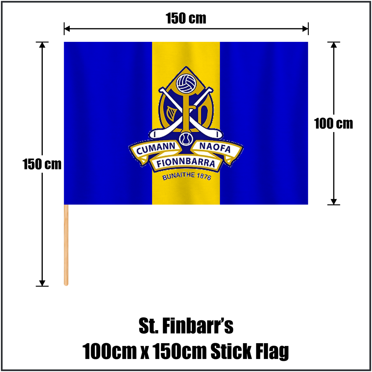 St. Finbarr’s 100cm x 150cm Stick Flag, featuring the club crest and royal blue and gold colours; County Cork GAA. ClubFlags.ie.