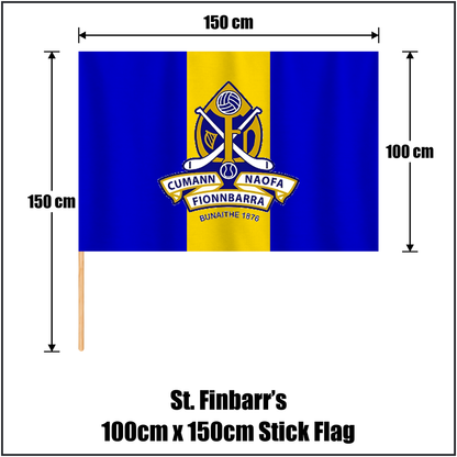 St. Finbarr’s 100cm x 150cm Stick Flag, featuring the club crest and royal blue and gold colours; County Cork GAA. ClubFlags.ie.