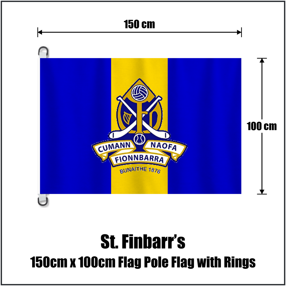 St. Finbarr’s 150cm x 100cm Flag Pole Flag with Rings, featuring the club crest and royal blue and gold colours; County Cork GAA. ClubFlags.ie.